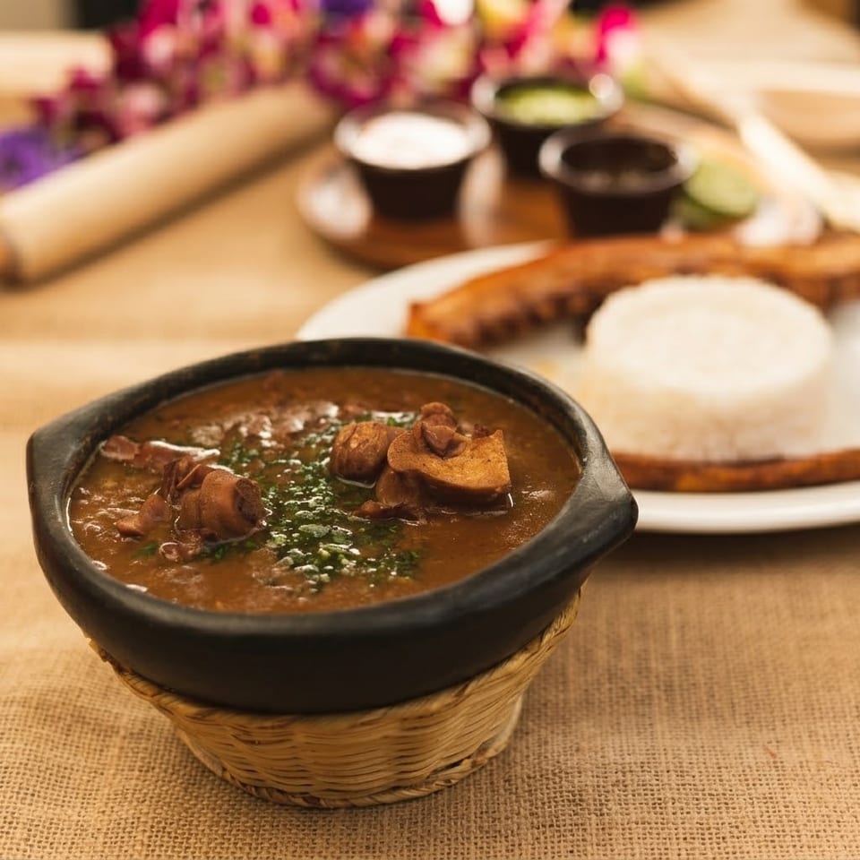 Hearty bean stew with meat in a black bowl, with rice and plantains in the background.