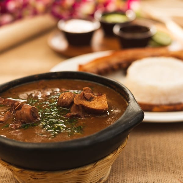 Cazuela de frijoles with rice and chicharron